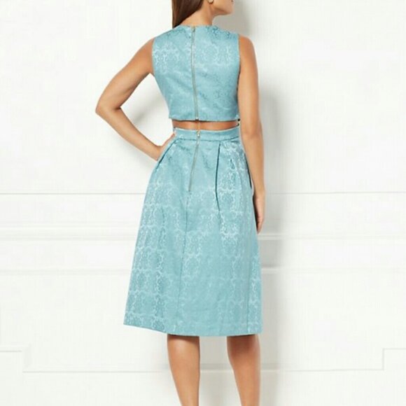 Eva Mendes New York & Company Brocade Winter Holiday Chic Teal Midi Dress 6 - Picture 2 of 13